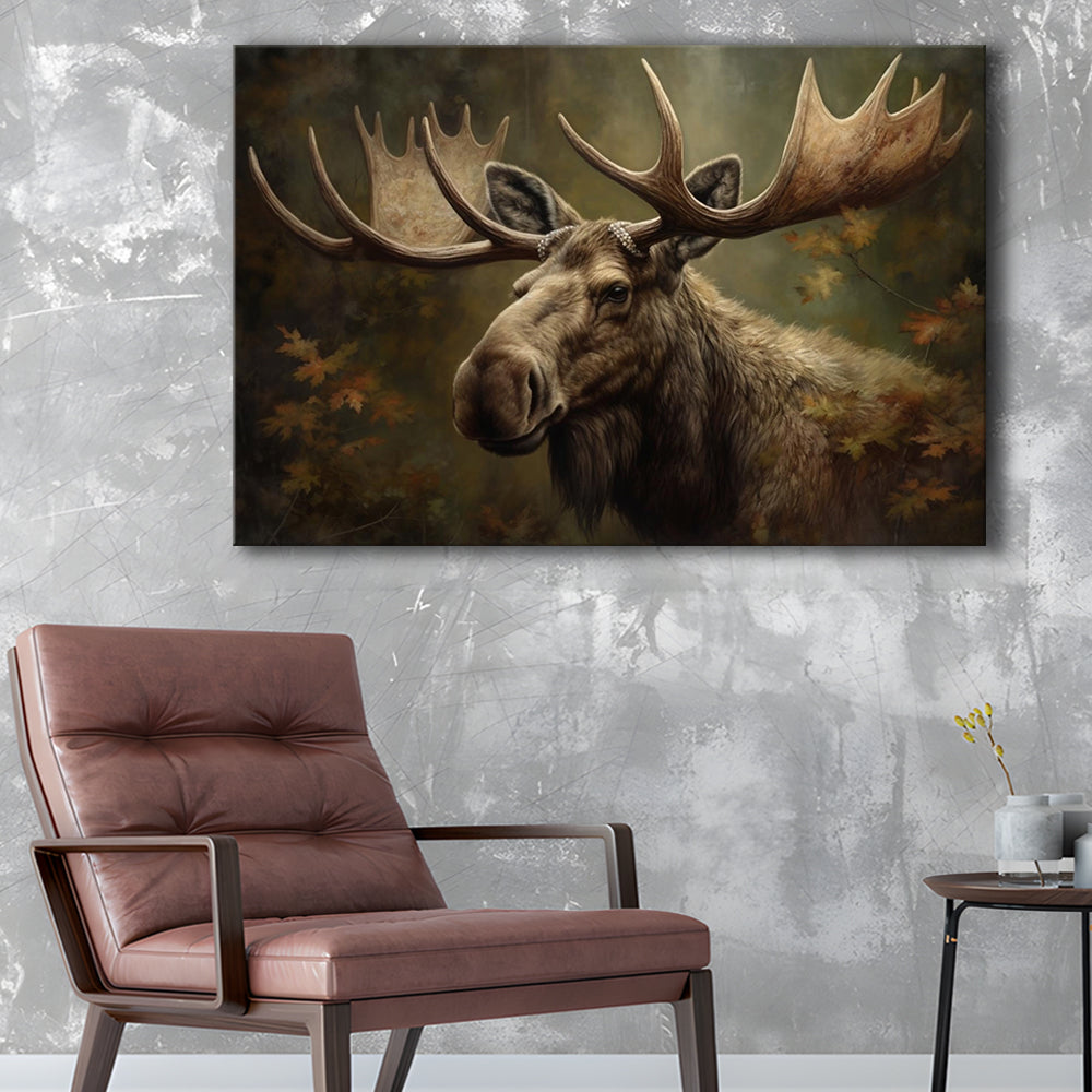 Moose With Antlers In The Forest Portrait Painting, Canvas Print Wall Art, Wall Decor, Painting Canvas