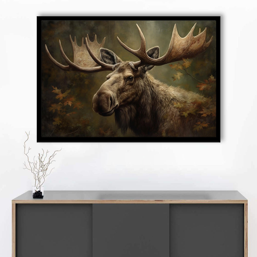 Moose With Antlers In The Forest Portrait Painting, Framed Art Print Wall Decor, Picture Framed
