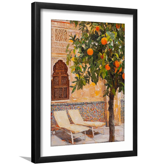 Moroccan Wall Decor, Vibrant Moroccan Inspired Wall Art, Exotic Patio Scene Home Decor, Framed Art Print, White Border