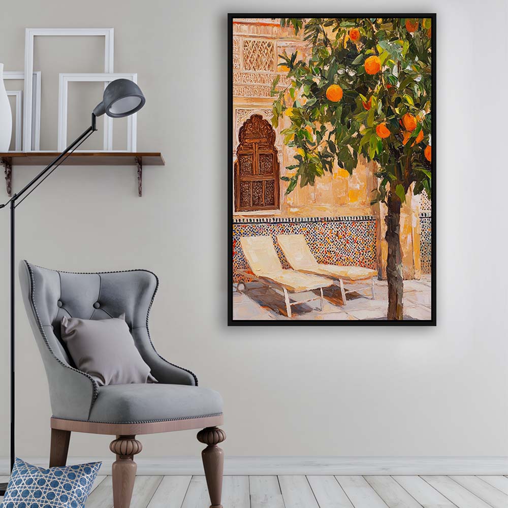 Moroccan Wall Decor, Vibrant Moroccan Inspired Wall Art, Exotic Patio Scene Home Decor, Framed Canvas Print, Floating Frame
