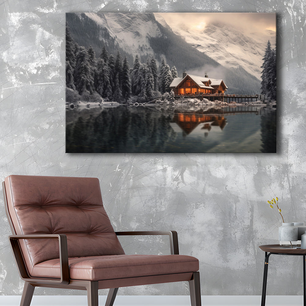 Mountain Cabin In The Woods Winter Painting Extra Large, Canvas Print Wall Art, Wall Decor, Painting Canvas
