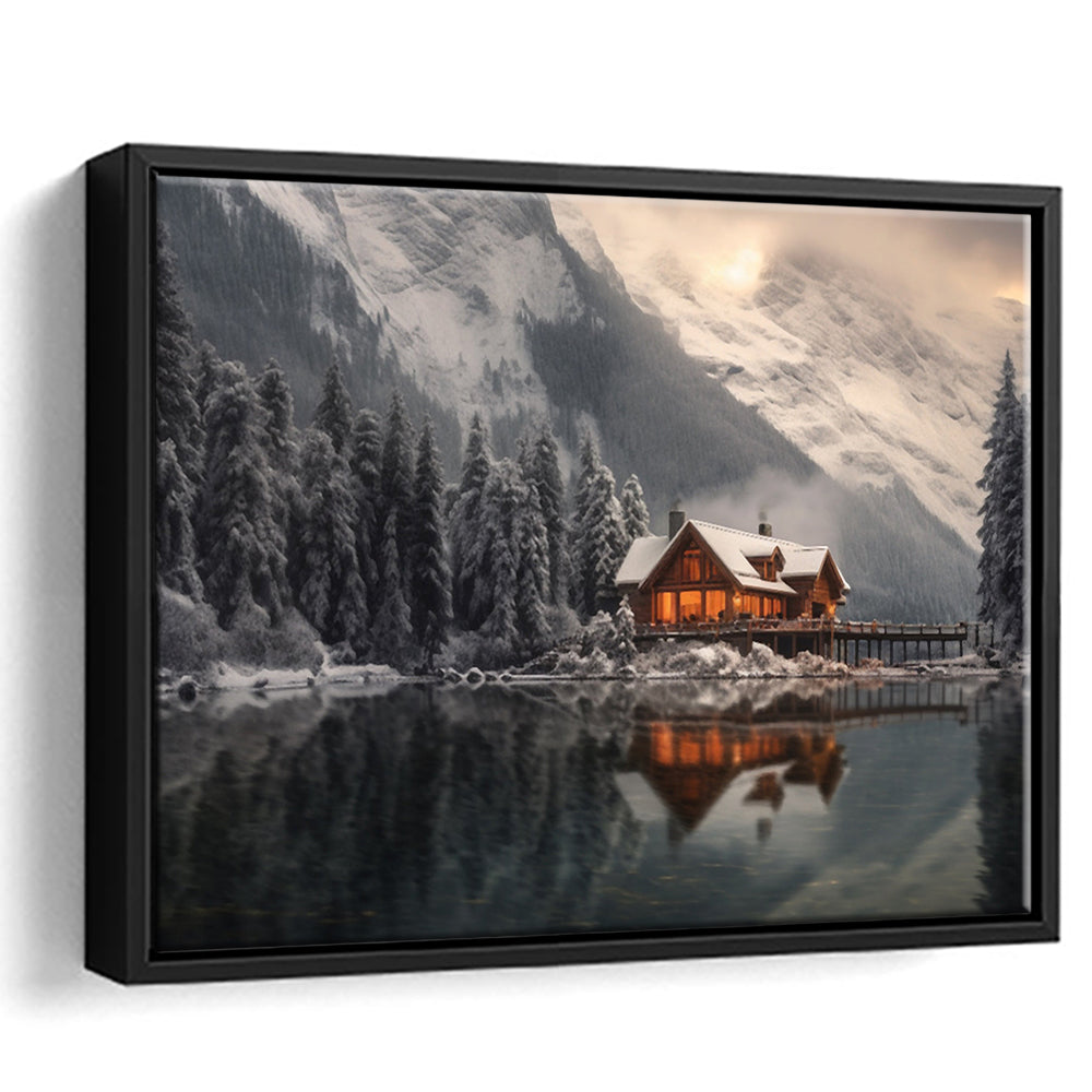 Mountain Cabin In The Woods Winter Painting Extra Large, Framed Canvas Print Wall Art, Floating Frame
