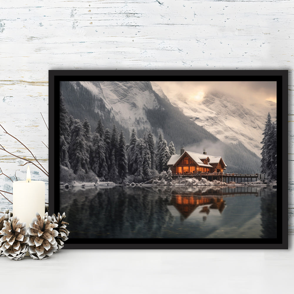 Mountain Cabin In The Woods Winter Painting Extra Large, Framed Canvas Print Wall Art, Floating Frame