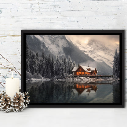 Mountain Cabin In The Woods Winter Painting Extra Large, Framed Canvas Print Wall Art, Floating Frame