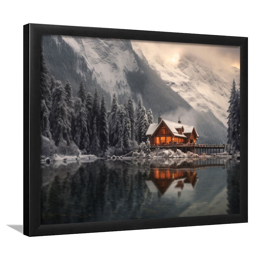 Mountain Cabin In The Woods Winter Painting Extra Large, Framed Art Print Wall Decor, Picture Framed