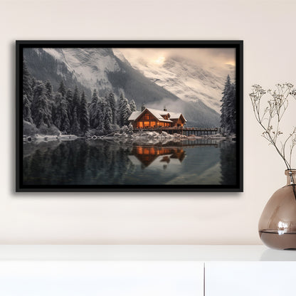 Mountain Cabin In The Woods Winter Painting Extra Large, Framed Canvas Print Wall Art, Floating Frame