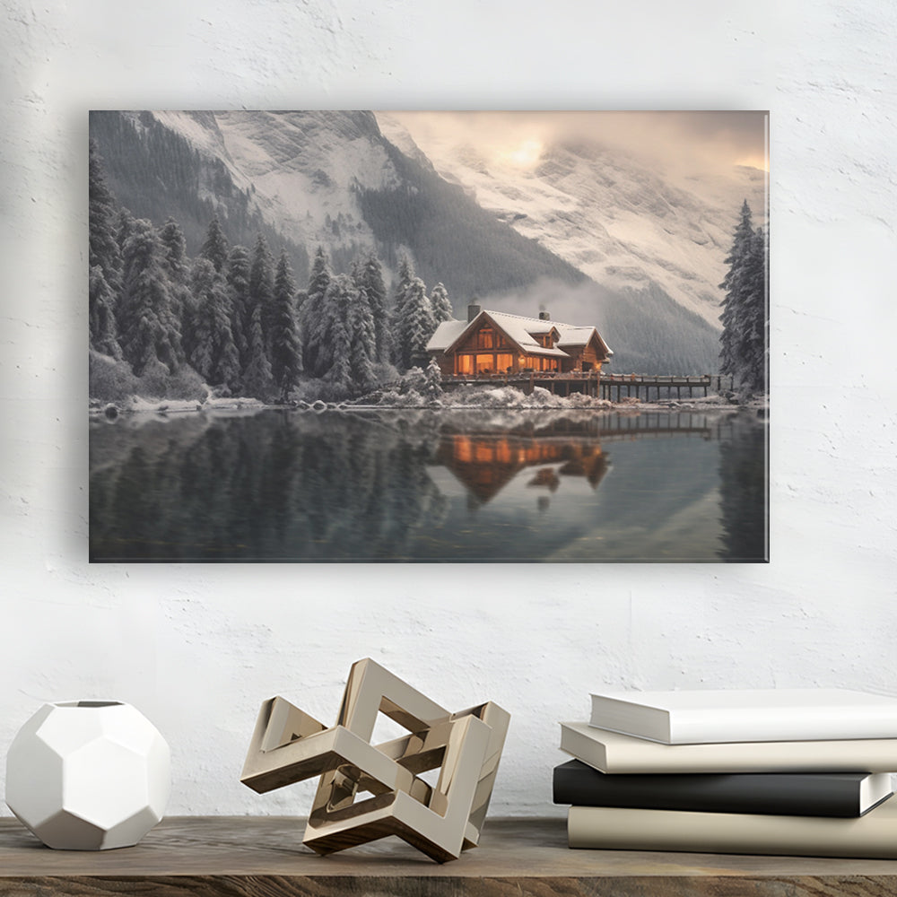 Mountain Cabin In The Woods Winter Painting Extra Large, Canvas Print Wall Art, Wall Decor, Painting Canvas
