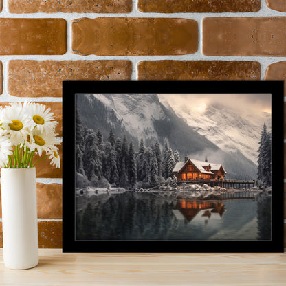 Mountain Cabin In The Woods Winter Painting Extra Large, Framed Art Print Wall Decor, Picture Framed