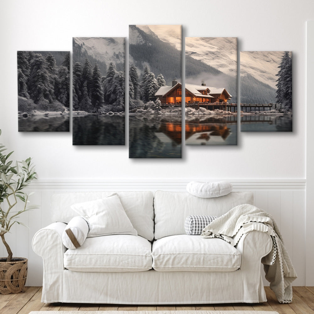 Mountain Cabin In The Woods Winter Painting Extra Large, 5 Panel Mixed Canvas Print Wall Art, Large Canvas