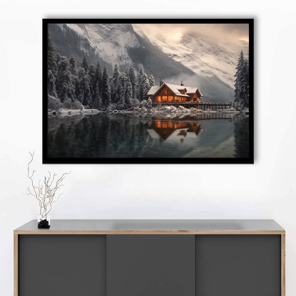 Mountain Cabin In The Woods Winter Painting Extra Large, Framed Art Print Wall Decor, Picture Framed