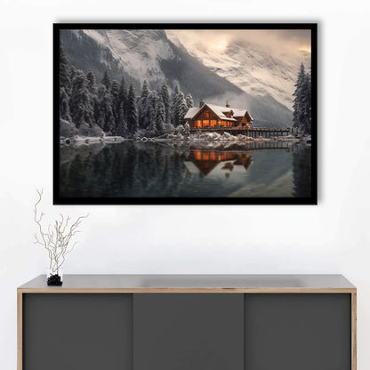 Mountain Cabin In The Woods Winter Painting Extra Large, Framed Art Print Wall Decor, Picture Framed