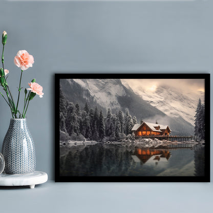 Mountain Cabin In The Woods Winter Painting Extra Large, Framed Art Print Wall Decor, Picture Framed