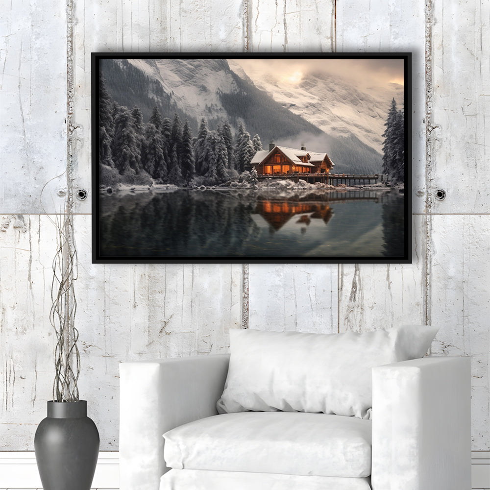 Mountain Cabin In The Woods Winter Painting Extra Large, Framed Canvas Print Wall Art, Floating Frame