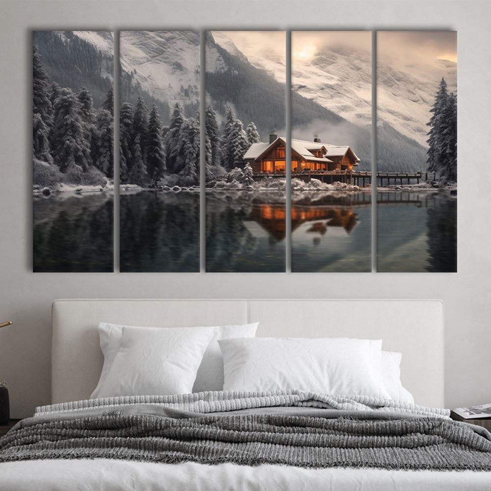 Mountain Cabin In The Woods Winter Painting Extra Large, 5 Panel B Canvas Print Wall Art, Extra Large Canvas