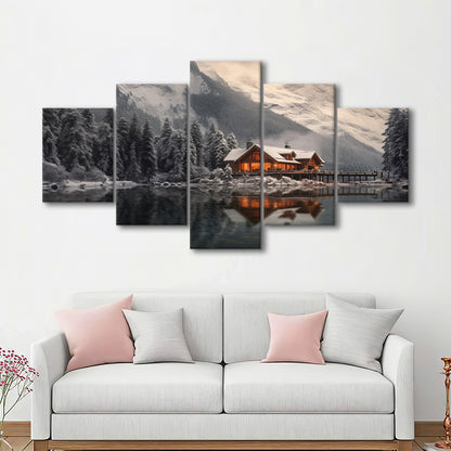 Mountain Cabin In The Woods Winter Painting Extra Large, 5 Panel Mixed Canvas Print Wall Art, Large Canvas