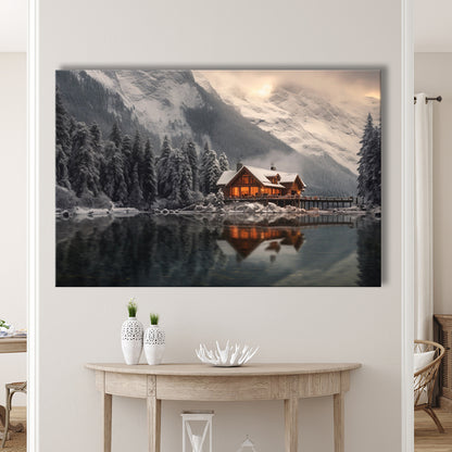 Mountain Cabin In The Woods Winter Painting Extra Large, Canvas Print Wall Art, Wall Decor, Painting Canvas
