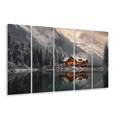 Mountain Cabin In The Woods Winter Painting Extra Large, 5 Panel B Canvas Print Wall Art, Extra Large Canvas
