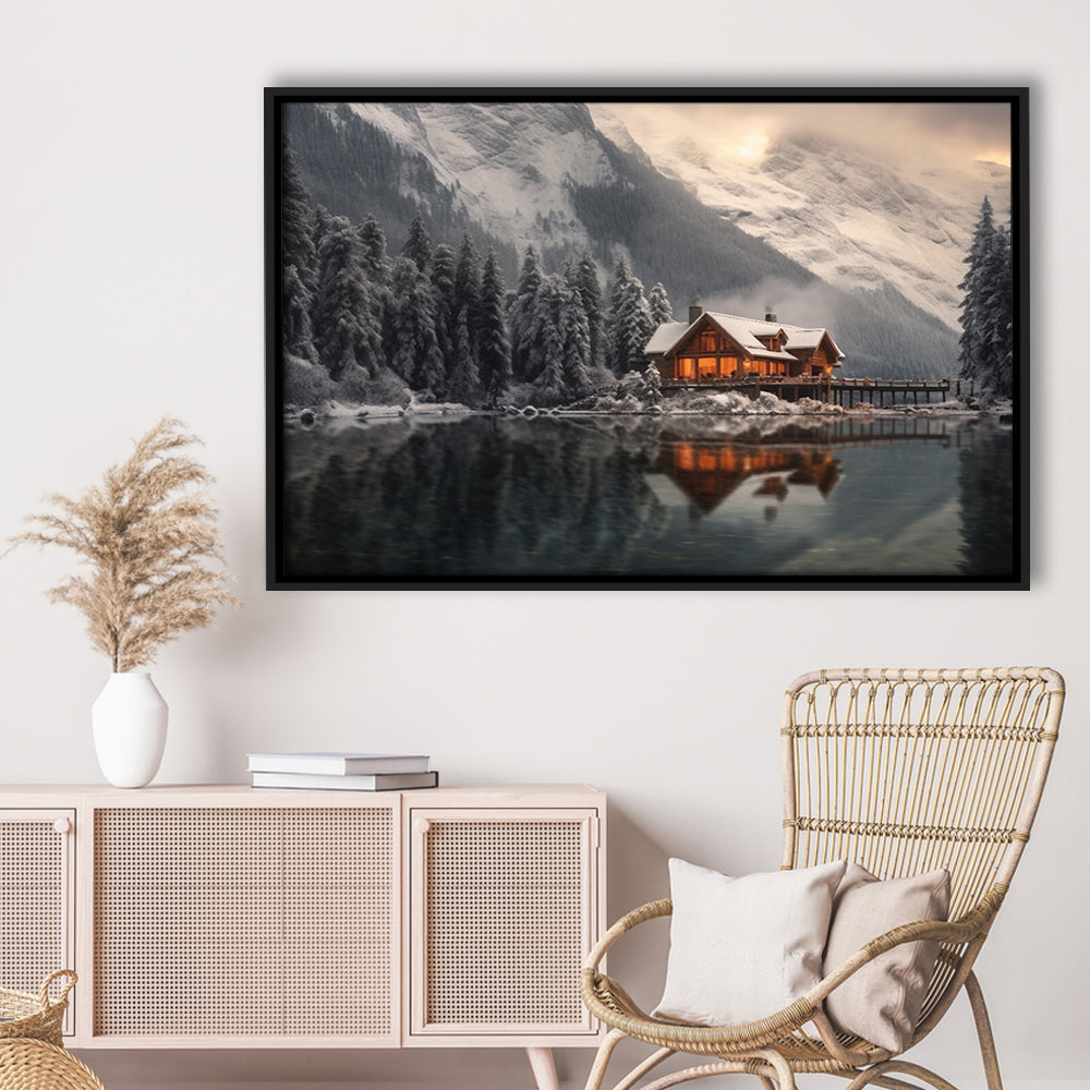Mountain Cabin In The Woods Winter Painting Extra Large, Framed Canvas Print Wall Art, Floating Frame