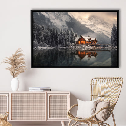 Mountain Cabin In The Woods Winter Painting Extra Large, Framed Canvas Print Wall Art, Floating Frame