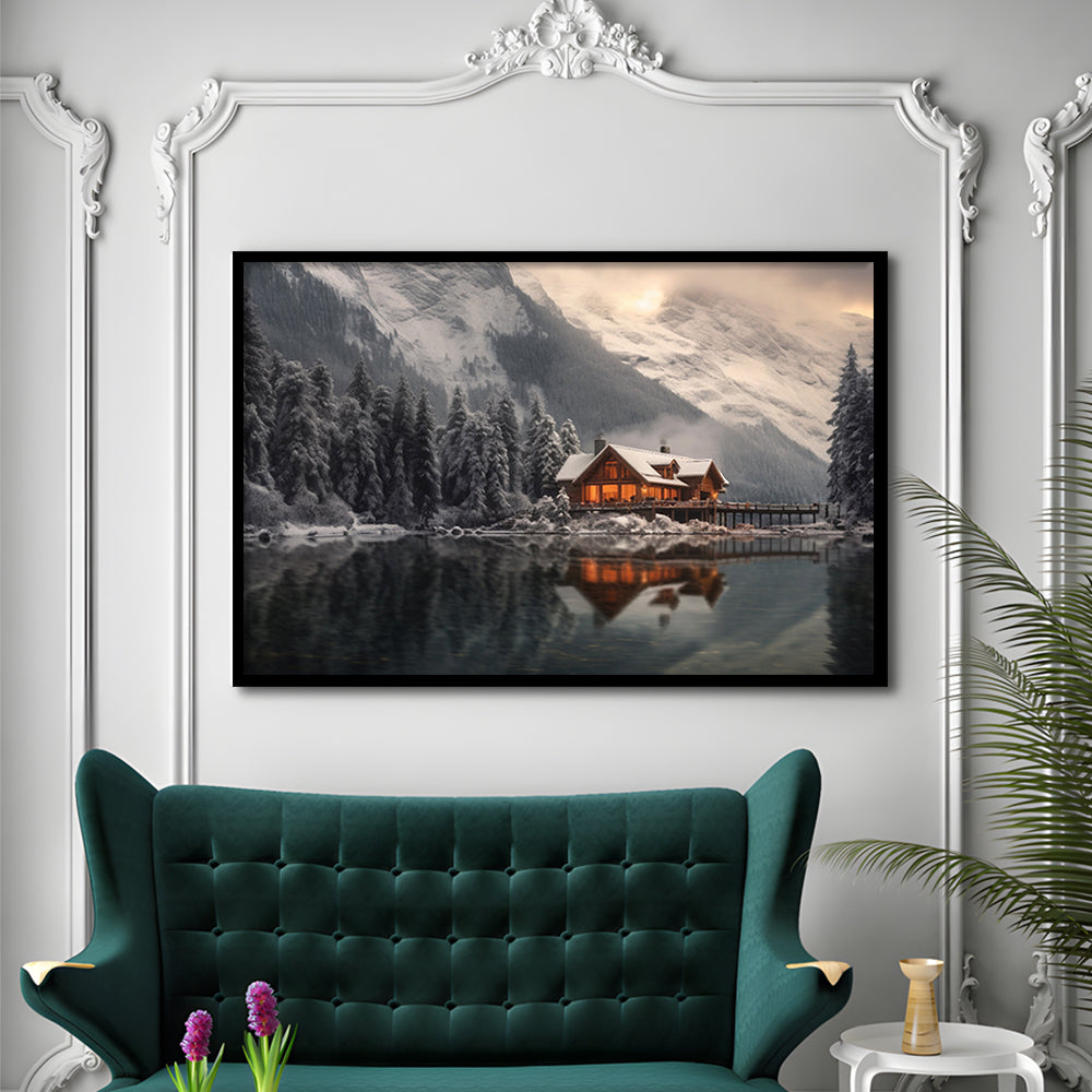 Mountain Cabin In The Woods Winter Painting Extra Large, Framed Art Print Wall Decor, Picture Framed