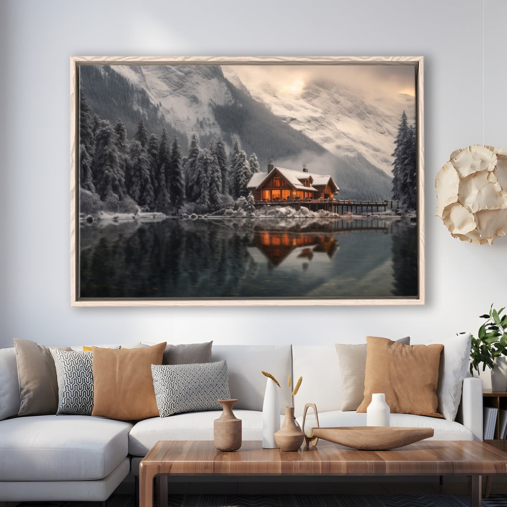 Mountain Cabin In The Woods Winter Painting Extra Large, Framed Canvas Print Wall Art, Floating Frame