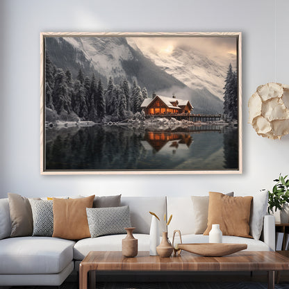 Mountain Cabin In The Woods Winter Painting Extra Large, Framed Canvas Print Wall Art, Floating Frame