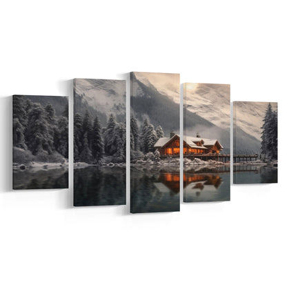 Mountain Cabin In The Woods Winter Painting Extra Large, 5 Panel Mixed Canvas Print Wall Art, Large Canvas