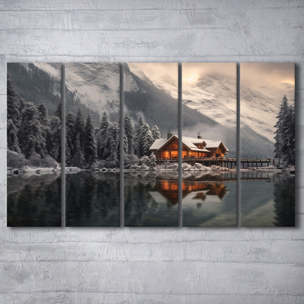 Mountain Cabin In The Woods Winter Painting Extra Large, 5 Panel B Canvas Print Wall Art, Extra Large Canvas