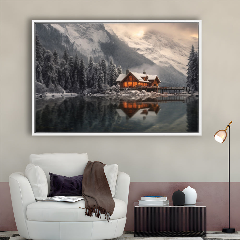 Mountain Cabin In The Woods Winter Painting Extra Large, Framed Canvas Print Wall Art, Floating Frame