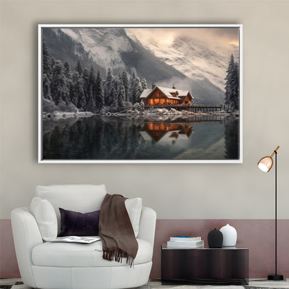 Mountain Cabin In The Woods Winter Painting Extra Large, Framed Canvas Print Wall Art, Floating Frame