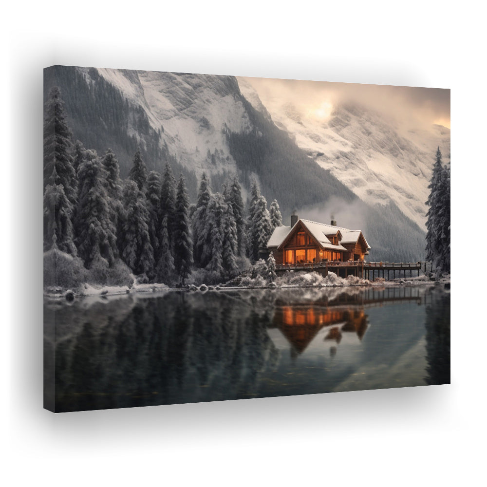 Mountain Cabin In The Woods Winter Painting Extra Large, Canvas Print Wall Art, Wall Decor, Painting Canvas