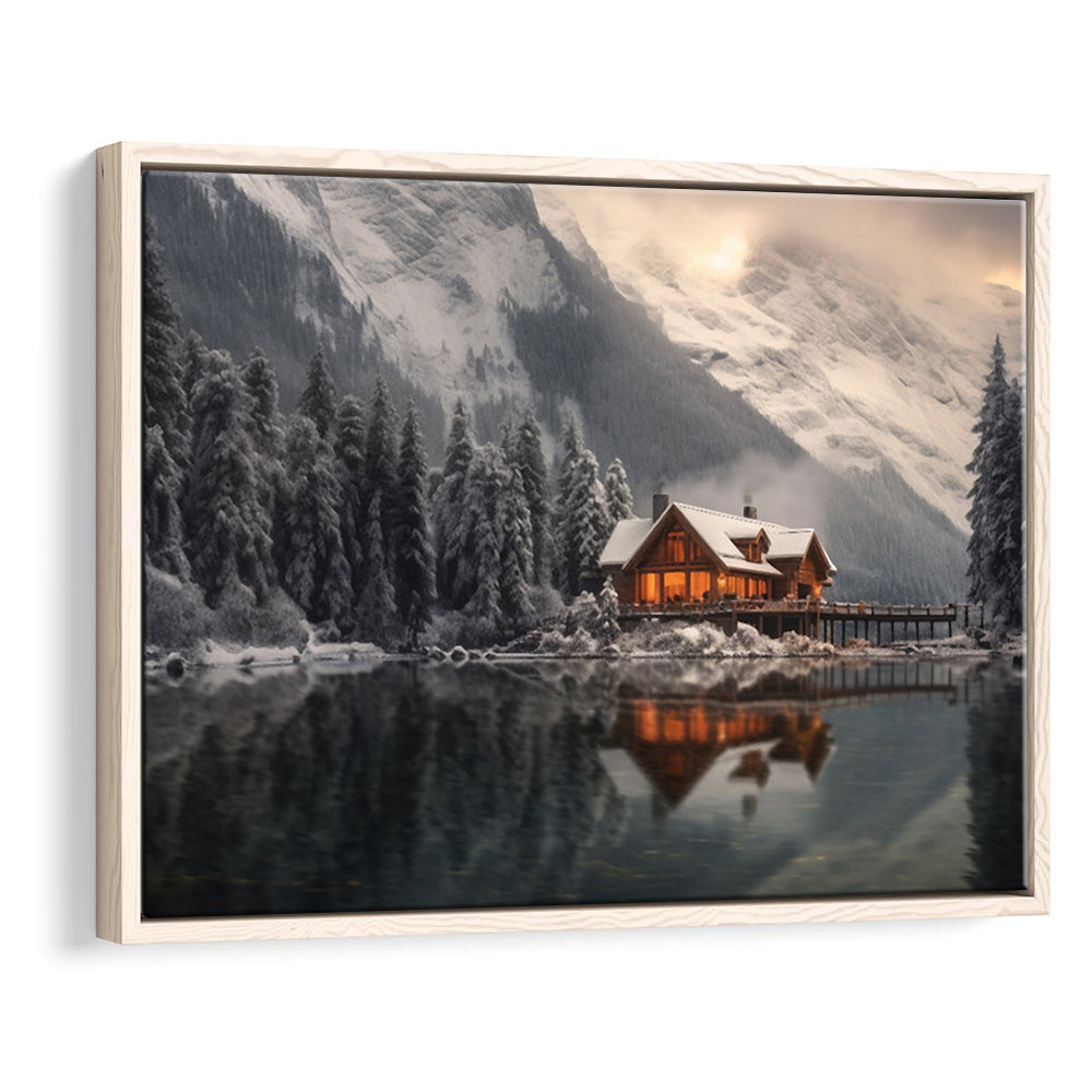 Mountain Cabin In The Woods Winter Painting Extra Large, Framed Canvas Print Wall Art, Floating Frame