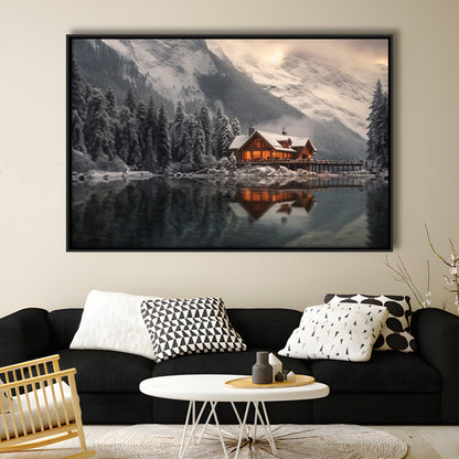 Mountain Cabin In The Woods Winter Painting Extra Large, Framed Canvas Print Wall Art, Floating Frame