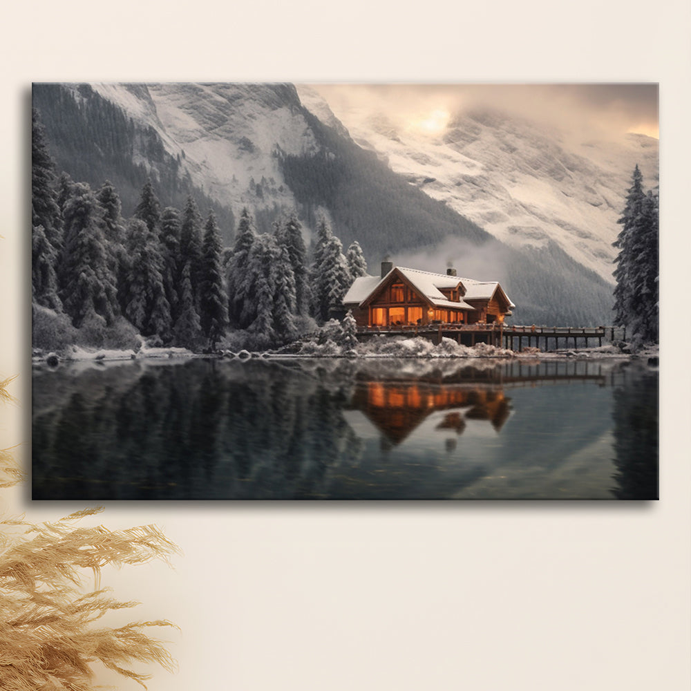 Mountain Cabin In The Woods Winter Painting Extra Large, Canvas Print Wall Art, Wall Decor, Painting Canvas