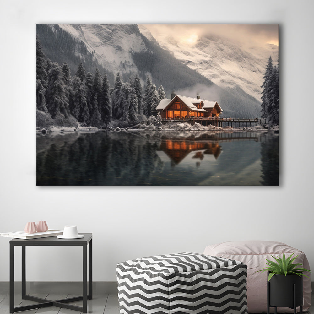 Mountain Cabin In The Woods Winter Painting Extra Large, Canvas Print Wall Art, Wall Decor, Painting Canvas