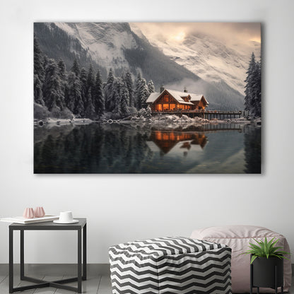 Mountain Cabin In The Woods Winter Painting Extra Large, Canvas Print Wall Art, Wall Decor, Painting Canvas