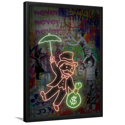Mr. Moneybags, Neon Sign Effect, Framed Art Print, Picture Framed Wall Art Decor