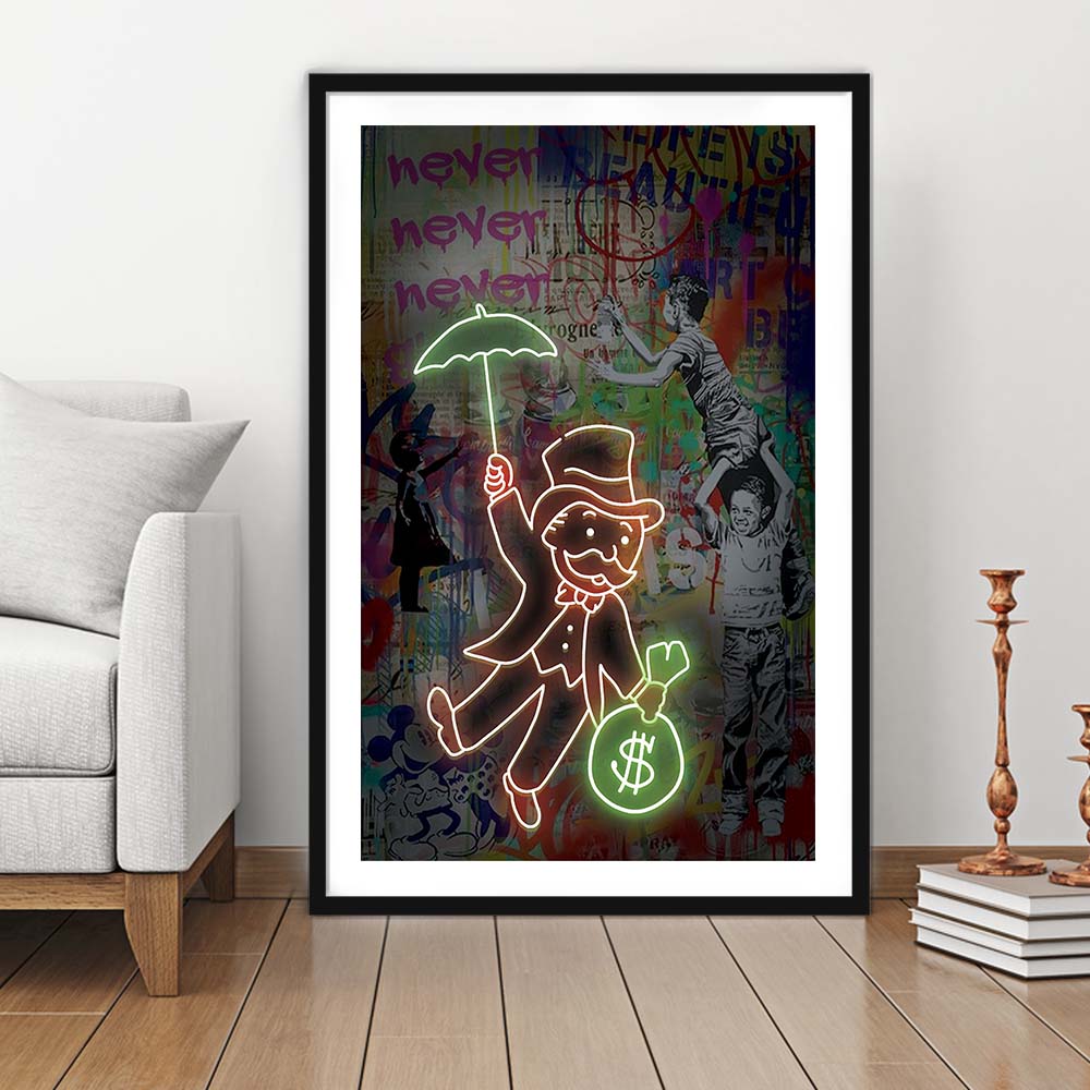 Mr. Moneybags, Neon Sign Effect, Framed Art Print, Luxury Pictures Framed, White Border