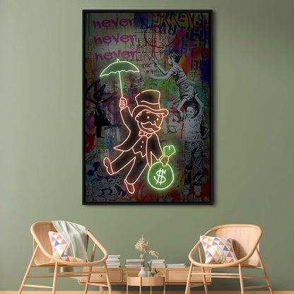 Mr. Moneybags, Neon Sign Effect, Framed Canvas Print, Floating Frame, Luxury Wall Art Decor