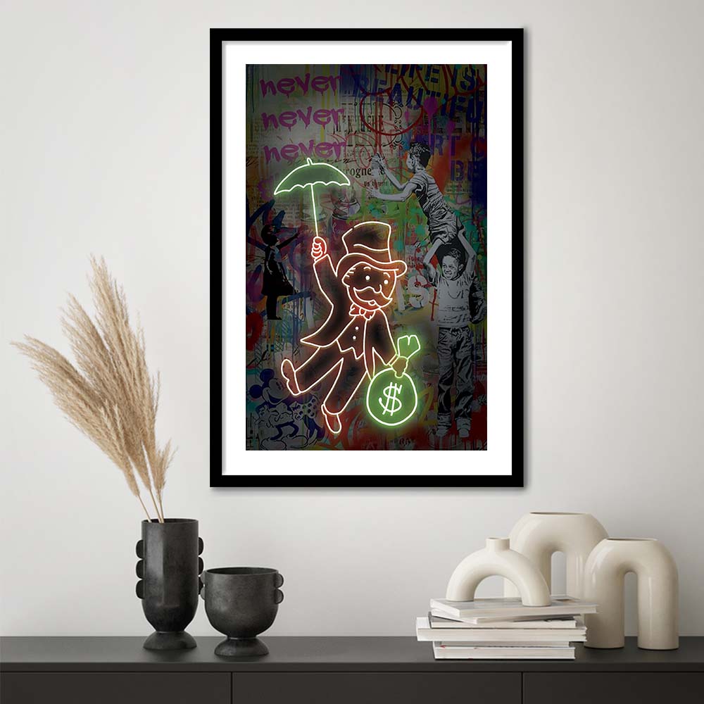 Mr. Moneybags, Neon Sign Effect, Framed Art Print, Luxury Pictures Framed, White Border