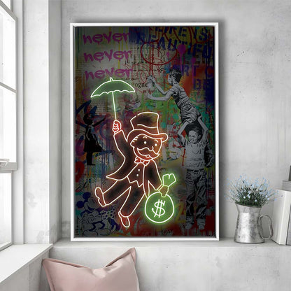 Mr. Moneybags, Neon Sign Effect, Framed Canvas Print, Floating Frame, Luxury Wall Art Decor
