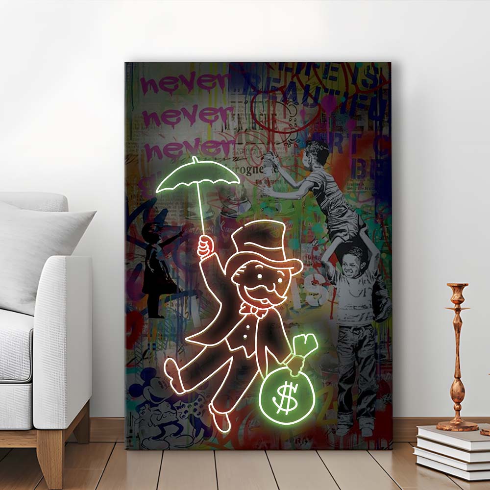 Mr. Moneybags, Neon Sign Effect, Canvas Print, Luxury Wall Art Decor, Modern Art