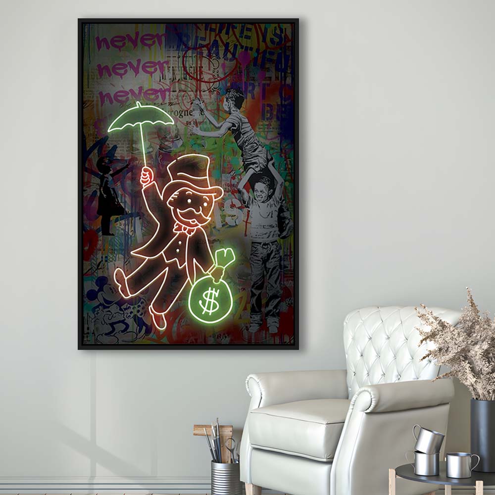 Mr. Moneybags, Neon Sign Effect, Framed Canvas Print, Floating Frame, Luxury Wall Art Decor