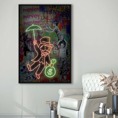 Mr. Moneybags, Neon Sign Effect, Framed Canvas Print, Floating Frame, Luxury Wall Art Decor