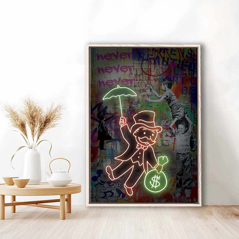 Mr. Moneybags, Neon Sign Effect, Framed Canvas Print, Floating Frame, Luxury Wall Art Decor