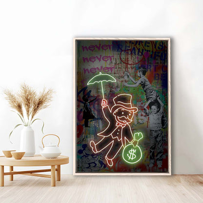 Mr. Moneybags, Neon Sign Effect, Framed Canvas Print, Floating Frame, Luxury Wall Art Decor