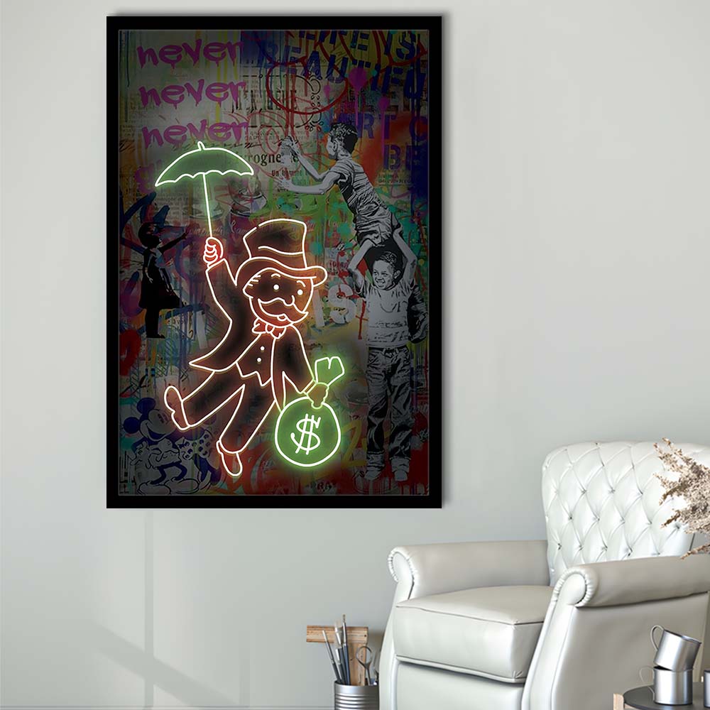 Mr. Moneybags, Neon Sign Effect, Framed Art Print, Picture Framed Wall Art Decor