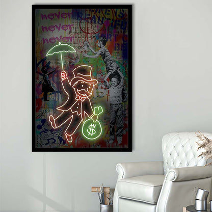Mr. Moneybags, Neon Sign Effect, Framed Art Print, Picture Framed Wall Art Decor