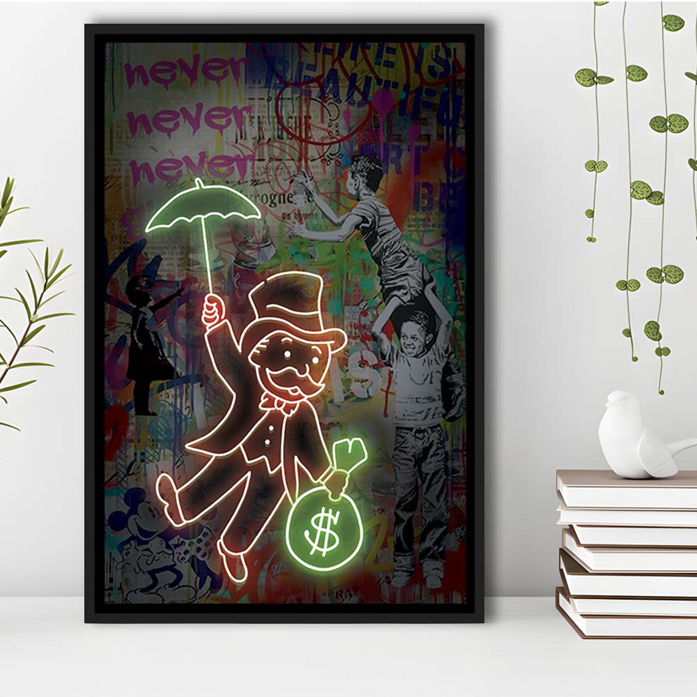 Mr. Moneybags, Neon Sign Effect, Framed Canvas Print, Floating Frame, Luxury Wall Art Decor