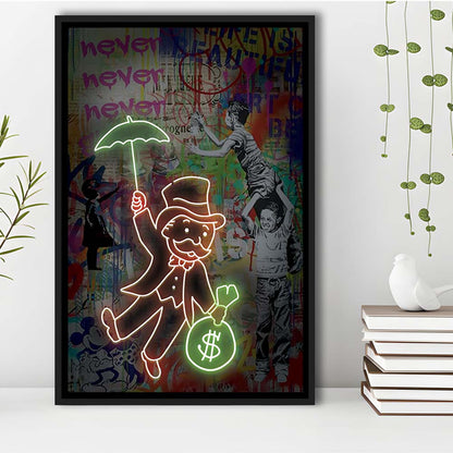 Mr. Moneybags, Neon Sign Effect, Framed Canvas Print, Floating Frame, Luxury Wall Art Decor